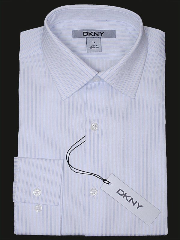 DKNY 15823 100% Cotton Boy s Dress Shirt - Stripe - White Blue Supply