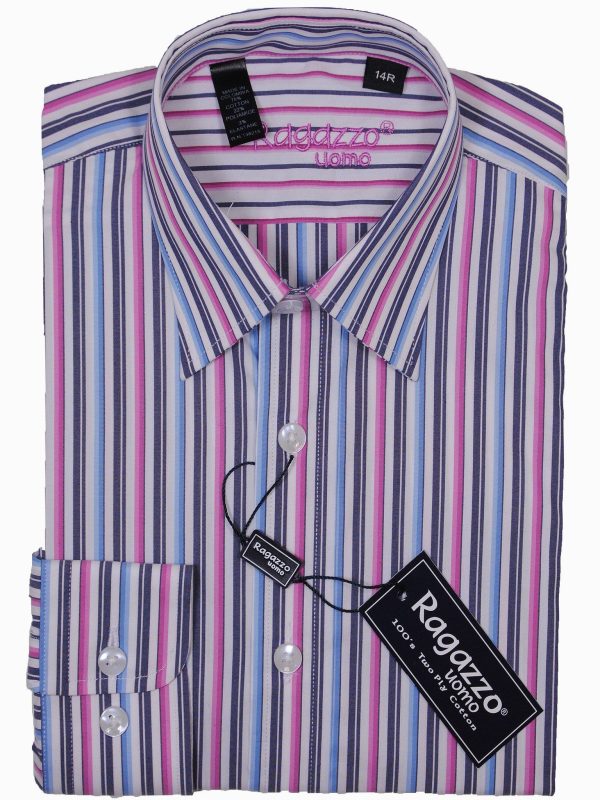 Ragazzo 15975 75% Cotton 22% Poliamide 3% Elastine Boy s Dress Shirt - Stripe - White, pink, blue, and navy, Long Sleeve Sale