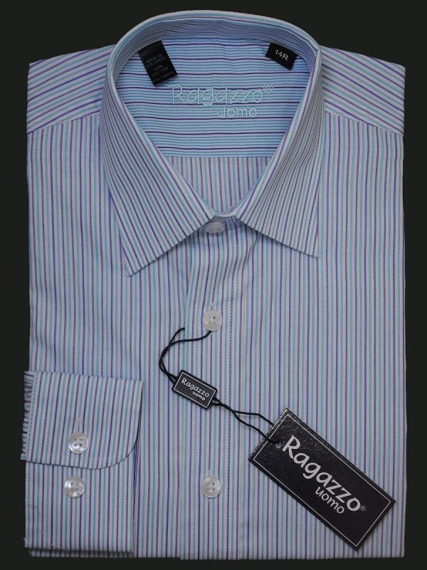 Ragazzo 15968 100% Cotton Boy s Dress Shirt - Stripe - Blue Discount