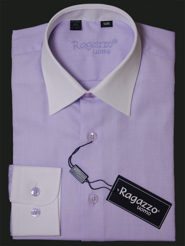 Ragazzo 15933 Lavender White Boy s Dress Shirt - Diagonal Tonal Weave - 100% Cotton - White Collar Cuffs - Button Cuffs Fashion