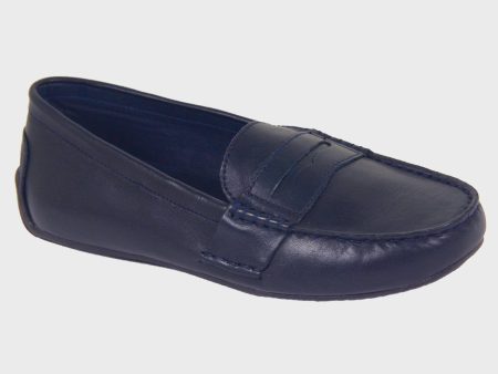 Polo 20074 100% Leather and Lining Boy s Loafer Shoes - Driving Penny - Navy, Top Stitching at the toe Discount