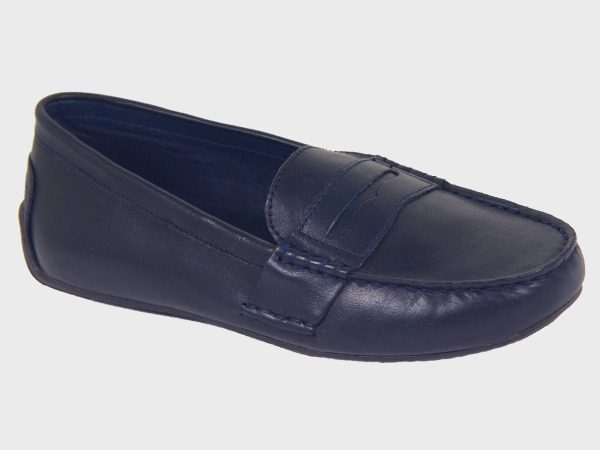 Polo 20074 100% Leather and Lining Boy s Loafer Shoes - Driving Penny - Navy, Top Stitching at the toe Discount