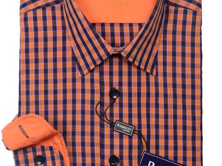 Ragazzo 20426 100% Cotton Boy s Sport Shirt - Check - Orange Purple, Modified Spread Collar Online now