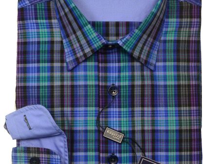 Ragazzo 20438 100% Cotton Boy s Sport Shirt - Plaid - Blue Green Purple, Modified Spread Collar For Cheap