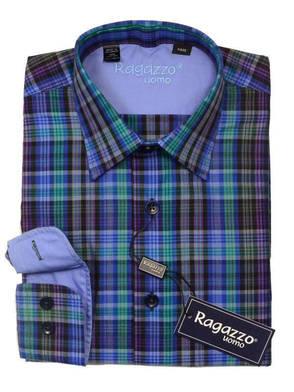 Ragazzo 20438 100% Cotton Boy s Sport Shirt - Plaid - Blue Green Purple, Modified Spread Collar For Cheap