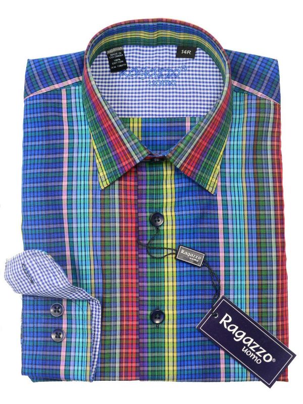 Ragazzo 20459 100% Cotton Boy s Sport Shirt - Plaid - Blue Multi, Modified Spread Collar For Discount