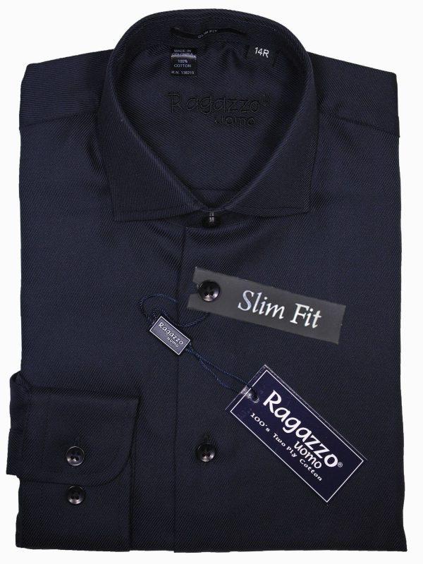 Ragazzo 15926 Black Slim Fit Boy s Dress Shirt - Diagonal Tonal Weave - 100% Cotton - English Spread Collar - Button Cuff For Sale