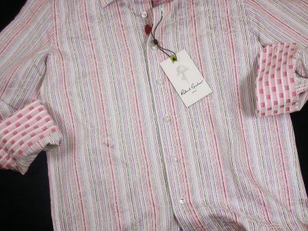 Robert Graham 16746 White Multi Color Boy s Sport Shirt - Jacquard Stripe - 100% Cotton - Contrast Cuffs For Cheap