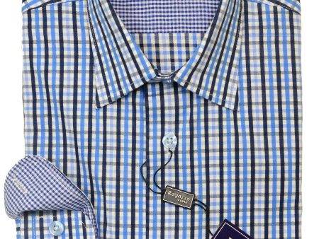 Ragazzo 20445 100% Cotton Boy s Sport Shirt - Plaid - Blue White, Modified Spread Collar Discount