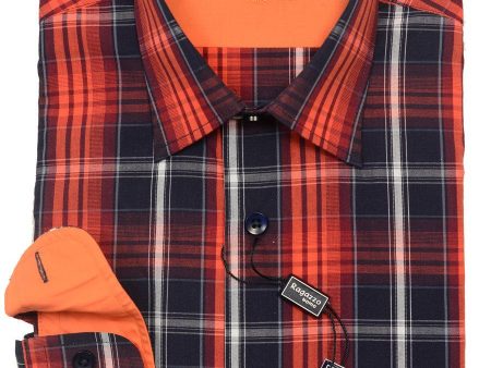 Ragazzo 20466 100% Cotton Boy s Sport Shirt - Plaid - Orange Navy, Modified Spread Collar For Cheap