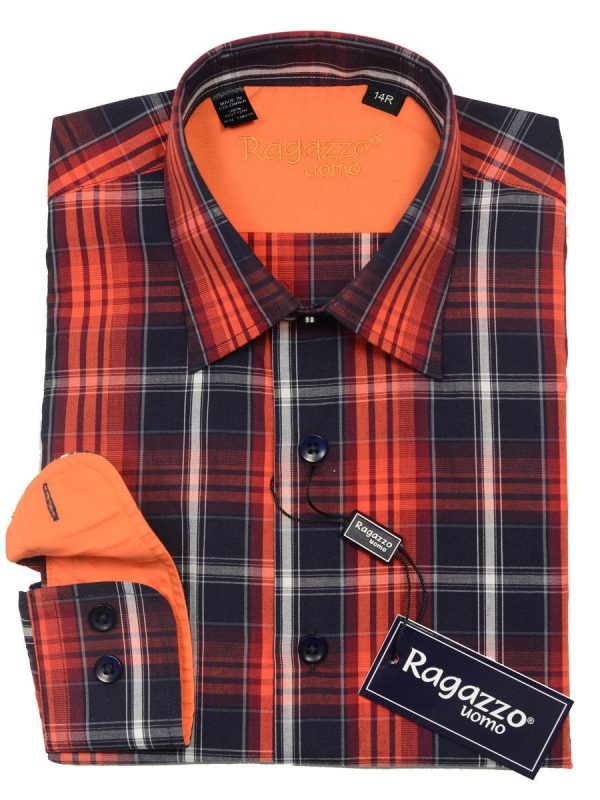 Ragazzo 20466 100% Cotton Boy s Sport Shirt - Plaid - Orange Navy, Modified Spread Collar For Cheap